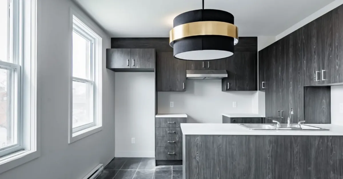 A renovated kitchen with dark woodgrain cabinets, white counters and a black and gold drum pendant