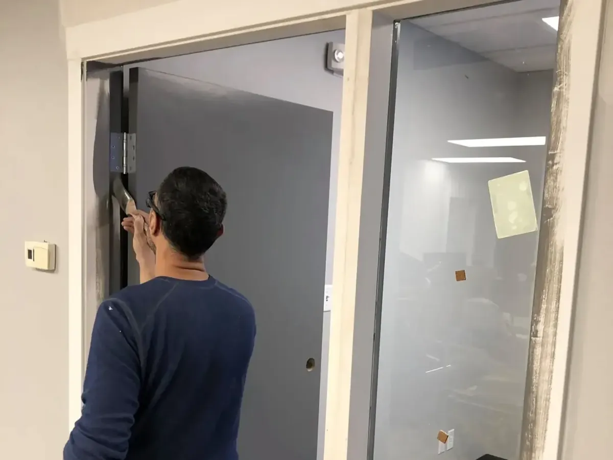 A painter brushing grey paint onto a door frame during an office tenant improvement